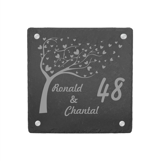Naambord 20 x 20 cm Leisteen boom met hartjes - Afbeelding 2