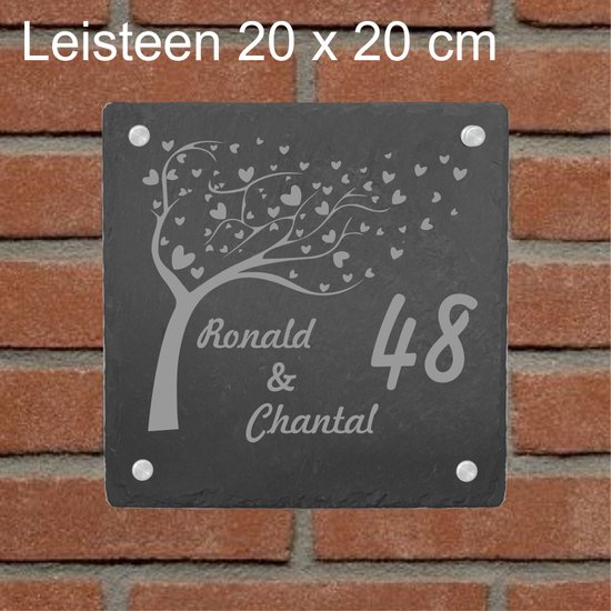 Naambord 20 x 20 cm Leisteen boom met hartjes